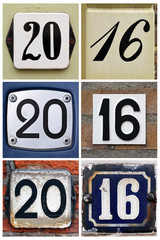 Collage of the numbers 2016 composed from housenumber signs