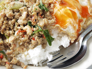 stir fried pork with basil and egg served with rice
