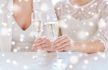 close up of lesbian couple with champagne glasses