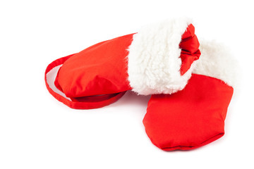 Red mittens with fur on a white background.
