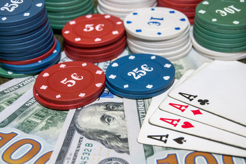 poker chips with dollars close-up