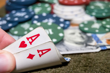 poker chips with dollars close-up