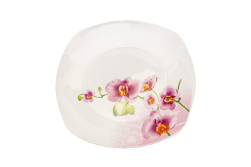Fototapeta na wymiar Ceramic Plate with orchid flower patterns on white background