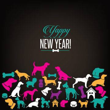 Yappy New Year dog silhouettes greeting card design. EPS 10 vector, grouped for easy editing. No open shapes or paths.