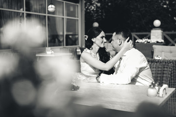 caucasian happy romantic young couple celebrating their marriage