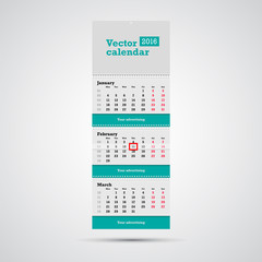 Wall calendar vector template. Vertical calendar template with three month sections and advertising placeholders with springs and day marker isolated on white background.