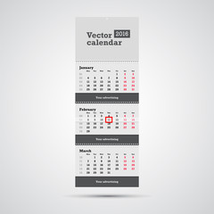 Wall calendar vector template. Vertical calendar template with three month sections and advertising placeholders with springs and day marker isolated on white background.