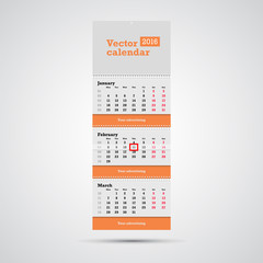 Wall calendar vector template. Vertical calendar template with three month sections and advertising placeholders with springs and day marker isolated on white background.