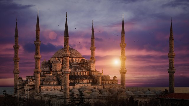 The Blue Mosque during sunset in Istanbul Turkey