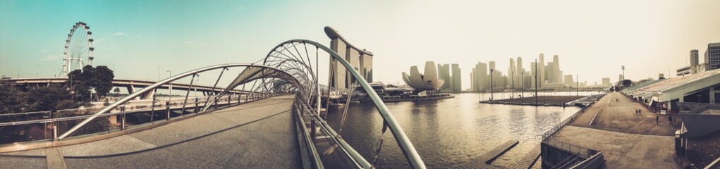 Panorama of The Helix bridge with Marina Bay Sands in background, Singapore