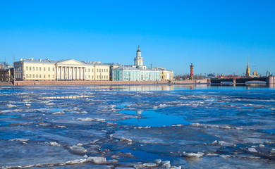 Cityscape with ice floating  on Neva river