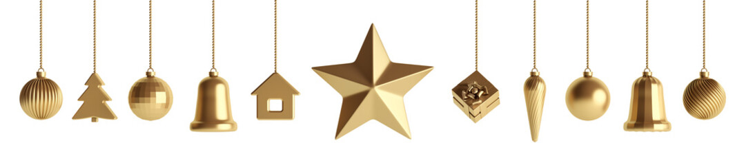 Golden christmas baubles isolated 3d rendering