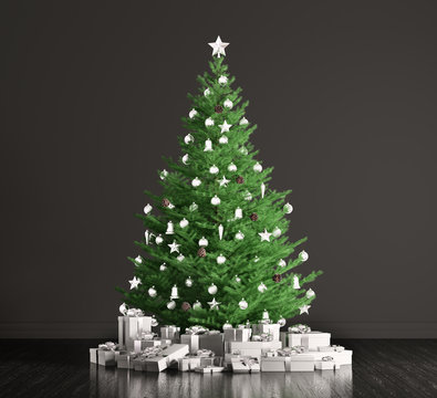 Interior of a room with christmas tree over black wall 3d render