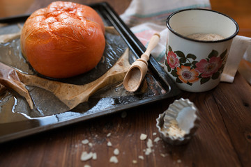 Cooking pumpkin on table, still life