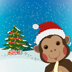 funny monkey, new year and  christmas greeting card, background, cartoon character illustration