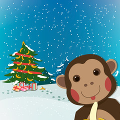 funny monkey, new year and  christmas greeting card, background, cartoon character illustration