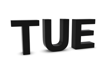 TUE Black 3D Text - Tuesday Abbreviation Isolated on White