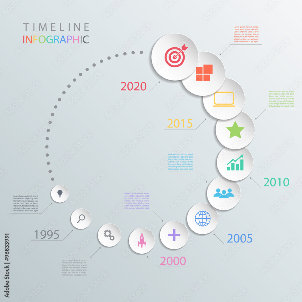 Poster Circle timeline infographic design template with color icons.Vector illustration for workflow layout, diagram, number options, web design.