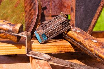 Close up view of different kinds of beekeeper knifes.