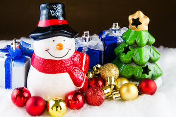 Snow man with gifts and sparkle ball.