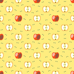 Seamless fruits vector pattern, symmetrical background with red apples and bones, whole and half, over blue backdrop