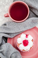 Delicious cake with sour cherries on white background