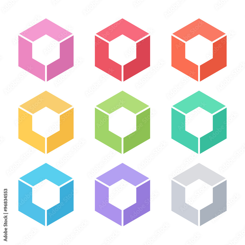 Poster Set of abstract cube vector template. Corner geometric shape and symmetric symbol, square icon, box logo or box shape. Geometric design.