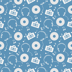 Seamless music vector pattern, chaotic background with music player, headphones, notes, record, over blue backdrop