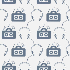 Seamless music vector pattern, chaotic background with music player, headphones, notes, record, over light backdrop