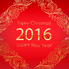 2016. Merry Christmas and happy new year. Gold numbers and lettering on a red background. Template invitations, greeting cards,holiday cards.Vector decorative line art frame design template.