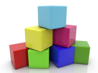 Pyramid of cubes in different colors on white
