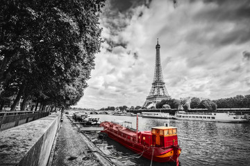 Fototapeta Eiffel Tower over Seine river in Paris, France. Vintage obraz