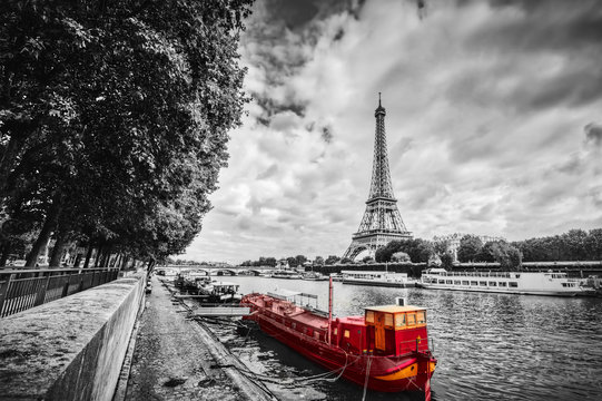 Fototapeta Eiffel Tower over Seine river in Paris, France. Vintage