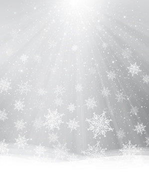 Vector gray background with snowflakes, lights and stars.