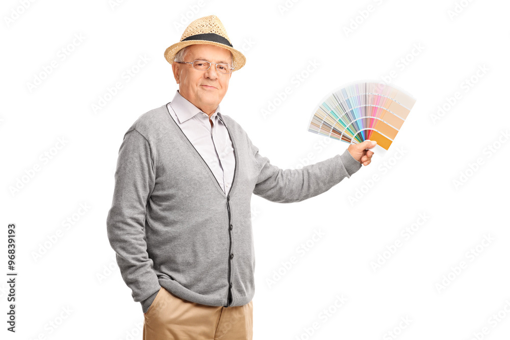 Sticker senior gentleman holding a color swatch