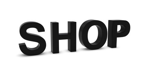 SHOP Black 3D Text Isolated on White with Shadows