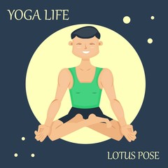 Sporty man, yogi sitting in the lotus pose. Yoga asana. Relaxed athlete