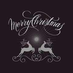 Merry Christmas and Happy New Year Card. Vector Illustration. Hand Lettered Text with Christmas Ornaments on a Black Background.