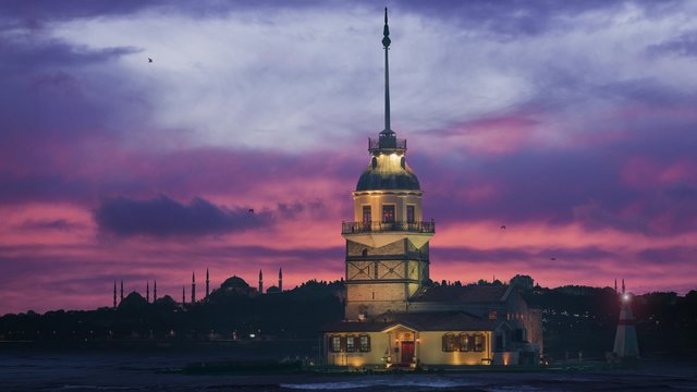 Maiden's Tower at night in Istanbul Turkey