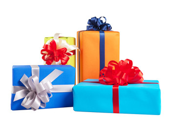 Piles of gift boxes wrapped in colorful paper, ribbon, bow ,Isolated on white. for anniversary, new year, birth day