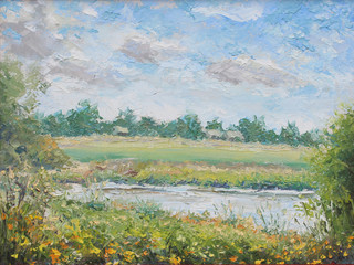 summer landscape, a village in the distance, flowers, trees, clouds © weris7554