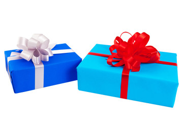 Two gift boxes wrapped in colorful paper, ribbon, bow ,Isolated on white. for anniversary, new year, birth day
