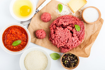 Meatball  ingredients on white table, top view