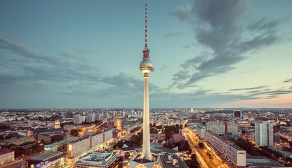 Zelfklevend Fotobehang Berlin skyline with TV tower at twilight with retro vintage filter effect, Germany © JFL Photography