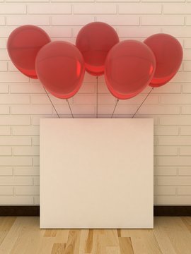 Empty picture frames in modern interior background on the white brick wall with rustic wooden floor with balloons. Celebration, New Year and birthday concept. Copy space image.