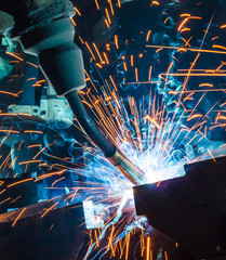 Robot welding movement Industrial automotive part in factory