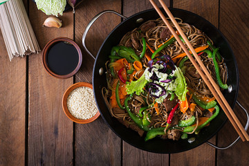 Soba noodles with beef, carrots, onions and sweet peppers