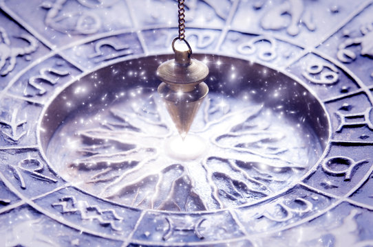zodiac symbols with magic pendulum, concept for astrology and fortune telling