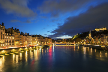 View of Saone river in Lyon city at evening