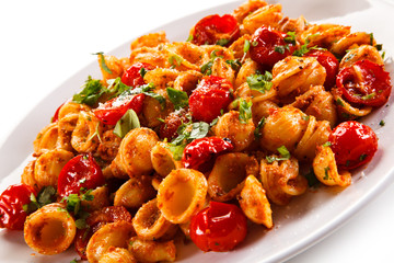Orecchiette pasta, tomato sauce and vegetables